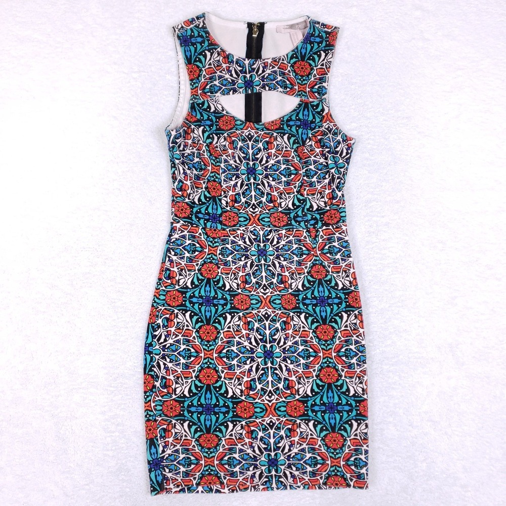 Forever 21 Contemporary Mosaic Bodycon Dress XS Cutout Front Expose Zip Festival
